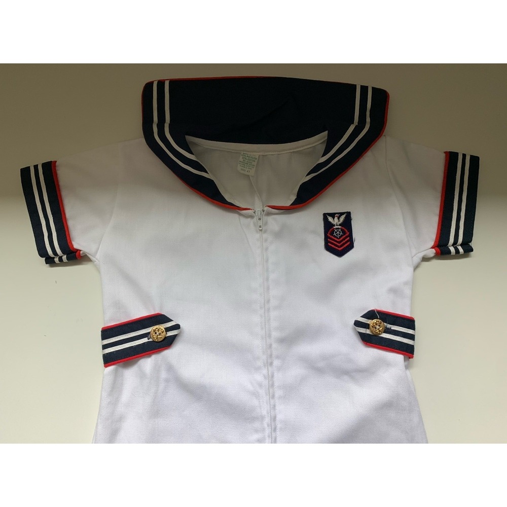 Vintage 1960s Outfit Sailor Suit White Navy Blue Collar Toddler Size 4T Romper - Picture 7 of 8
